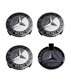 75mm / 70mm Lot de 4 Mercedes Cache-Moyeux - Couronne de Laurier Argent et Noir Centres de Roue
