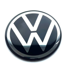 Set of 4 New VW Logo metal wheel stickers in silver and black, showing sizes from 40mm to 120mm.